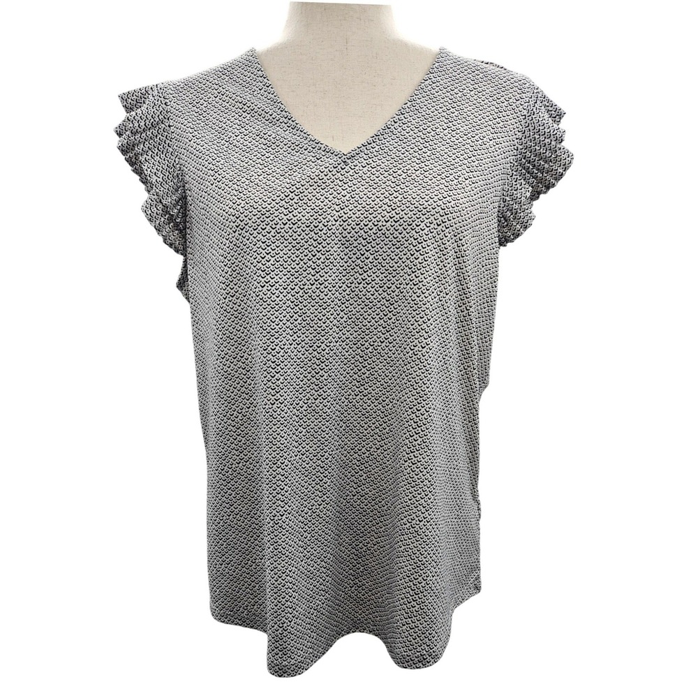 Adrianna Papell Black White Geometric Ruffle Cap Sleeve V-Neck Blouse Large